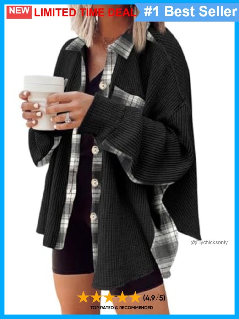 Waffle Knit Plaid Shacket Button Down Flannel Shirt Long Sleeve Tops